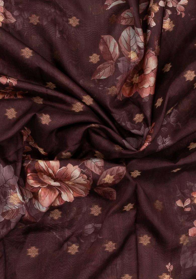 Dark Brown Printed Synthetic Dola Silk Saree With Zari Buttas Border For Women - Indya