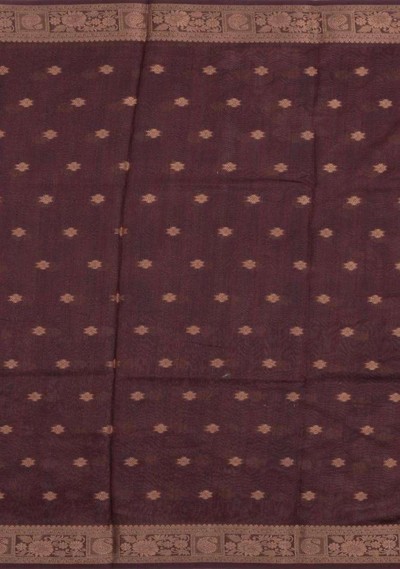 Dark Brown Printed Synthetic Dola Silk Saree With Zari Buttas Border For Women - Indya