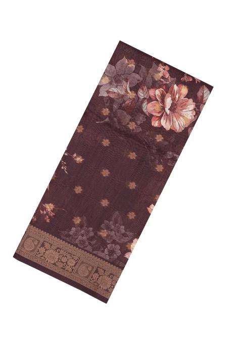 Dark Brown Printed Synthetic Dola Silk Saree With Zari Buttas Border For Women