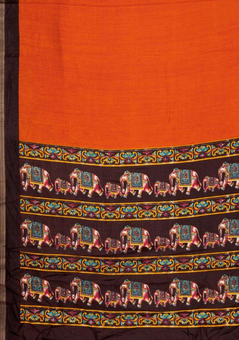 Orange Printed Synthetic Dola Silk Saree With Contrast Border For Women - Indya