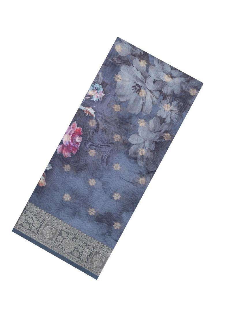 Grey Printed Synthetic Dola Silk Saree With Zari Buttas Border For Women - Indya