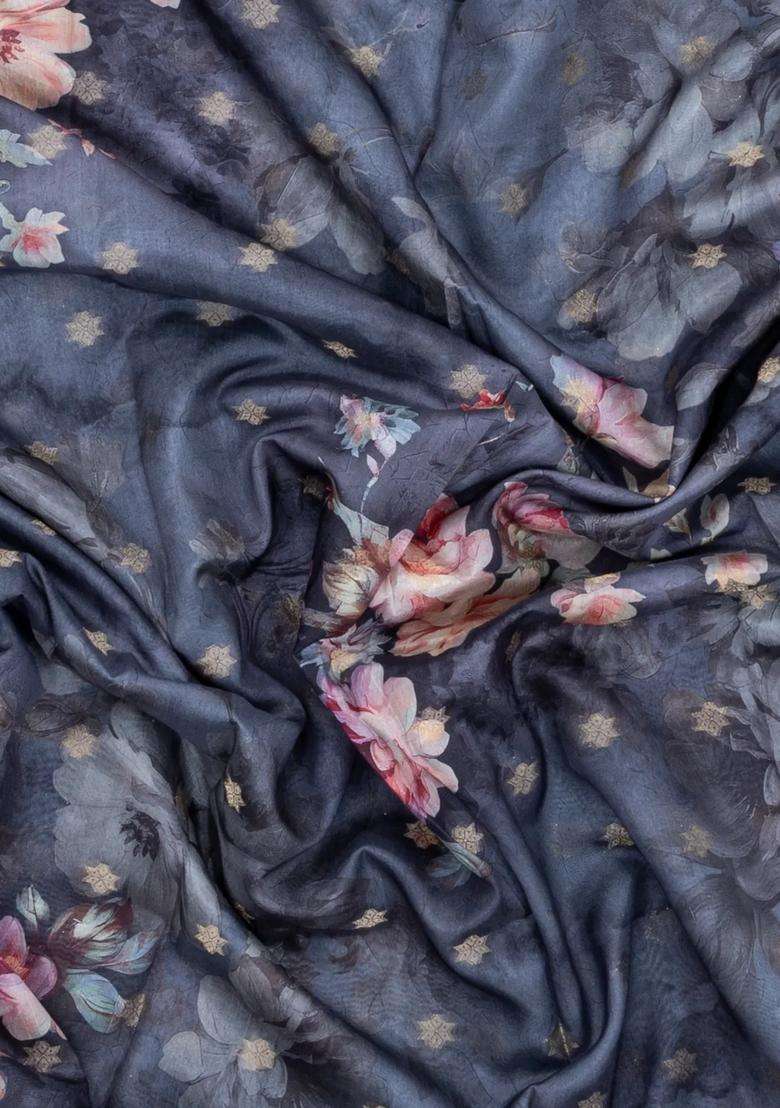 Grey Printed Synthetic Dola Silk Saree With Zari Buttas Border For Women - Indya