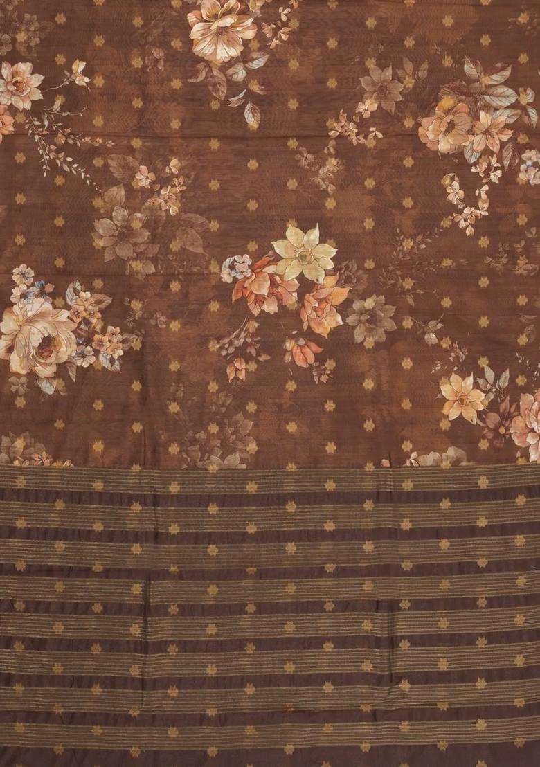 Dark Beige Printed Synthetic Dola Silk Saree With Zari Buttas Border For Women - Indya