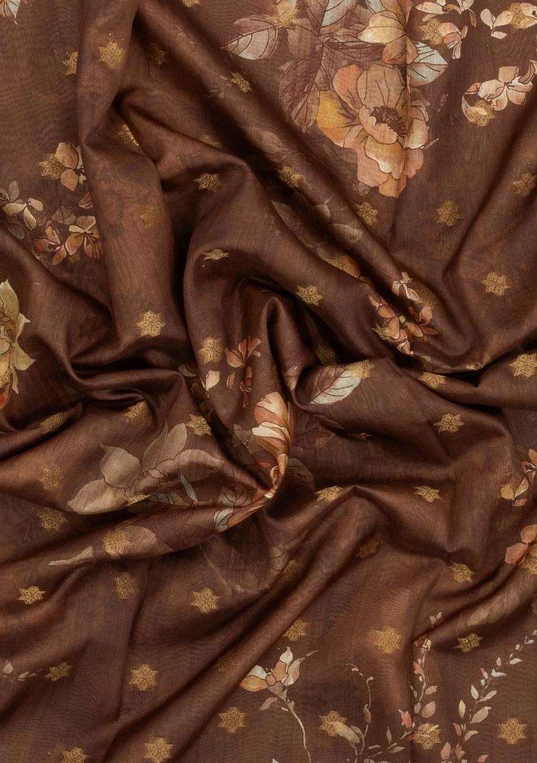 Dark Beige Printed Synthetic Dola Silk Saree With Zari Buttas Border For Women - Indya