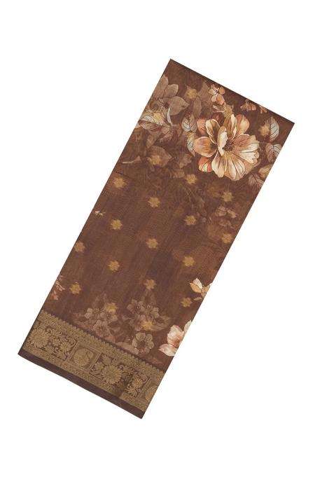 Dark Beige Printed Synthetic Dola Silk Saree With Zari Buttas Border For Women