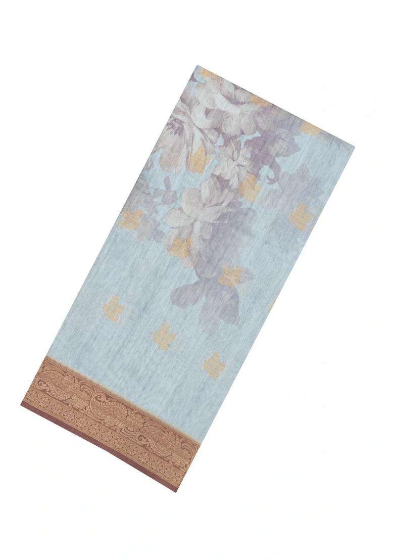 Light Blue Printed Synthetic Dola Silk Saree With Zari Buttas Border For Women - Indya