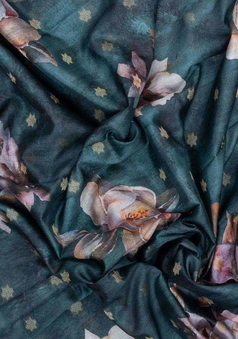 Steel Blue Printed Synthetic Dola Silk Saree With Zari Buttas Border For Women - Indya