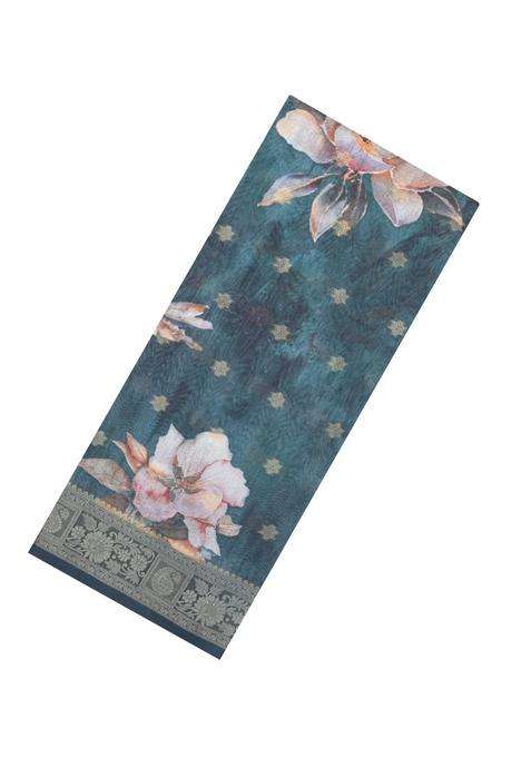 Steel Blue Printed Synthetic Dola Silk Saree With Zari Buttas Border For Women