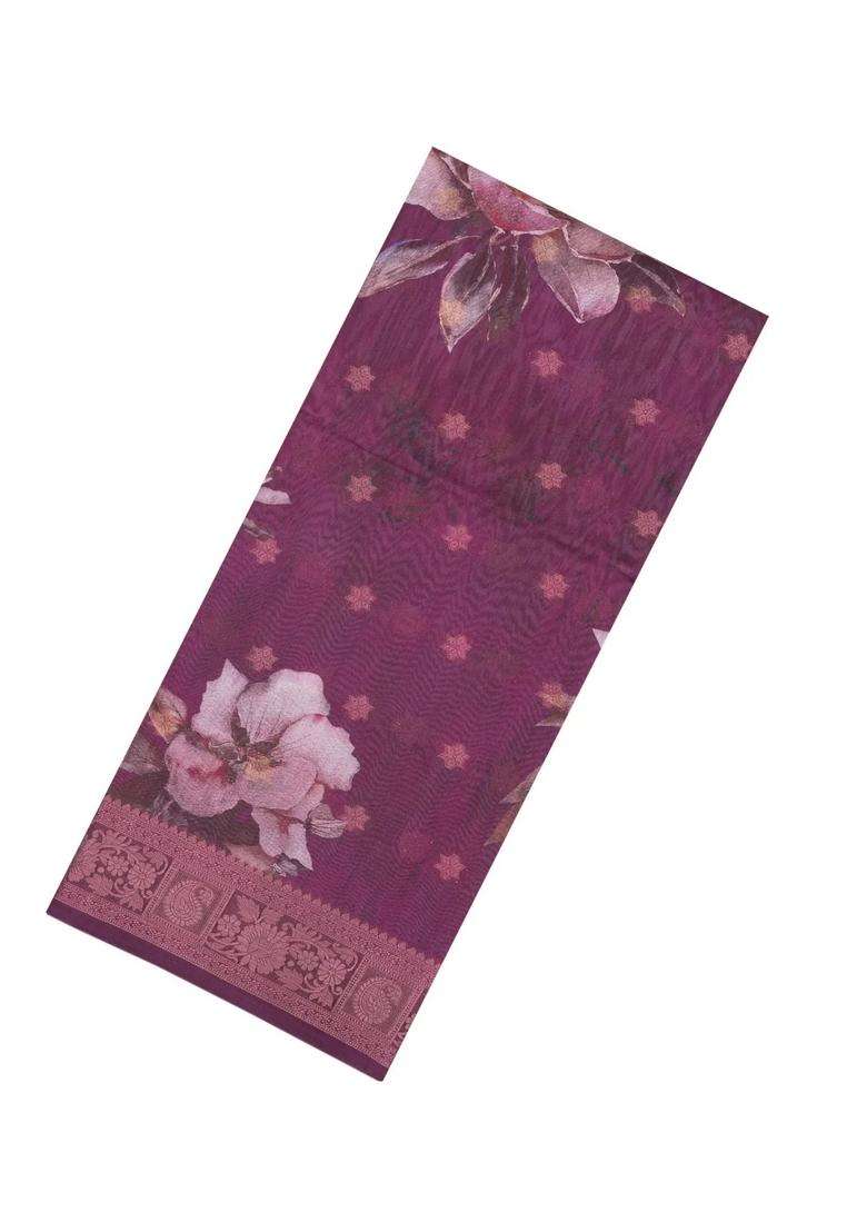 Burgundy Printed Synthetic Dola Silk Saree With Zari Buttas Border For Women - Indya