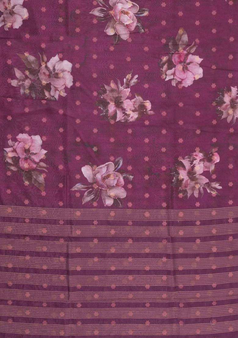 Burgundy Printed Synthetic Dola Silk Saree With Zari Buttas Border For Women - Indya