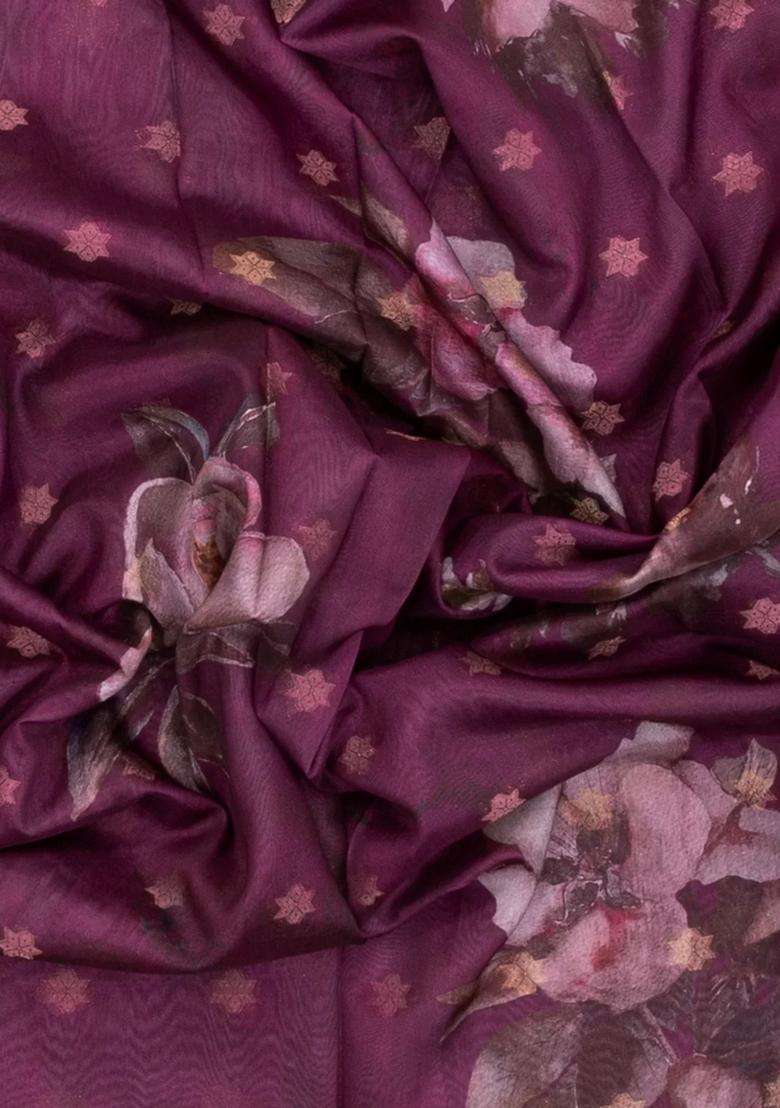 Burgundy Printed Synthetic Dola Silk Saree With Zari Buttas Border For Women - Indya