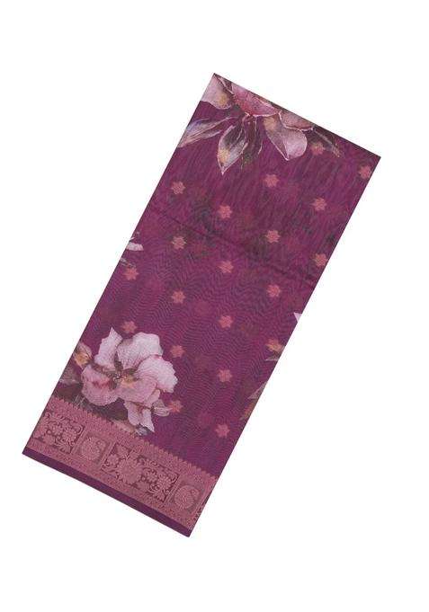 Burgundy Printed Synthetic Dola Silk Saree With Zari Buttas Border For Women