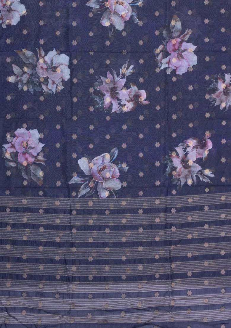 Dark Grey Printed Synthetic Dola Silk Saree With Zari Buttas Border For Women - Indya