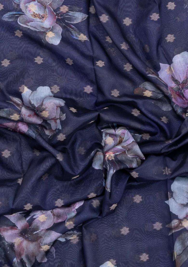 Dark Grey Printed Synthetic Dola Silk Saree With Zari Buttas Border For Women - Indya