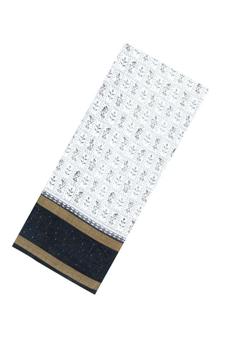 White Printed Synthetic Dola Silk Saree With Sequin Work Border With Embroidered Design For Women - Indya