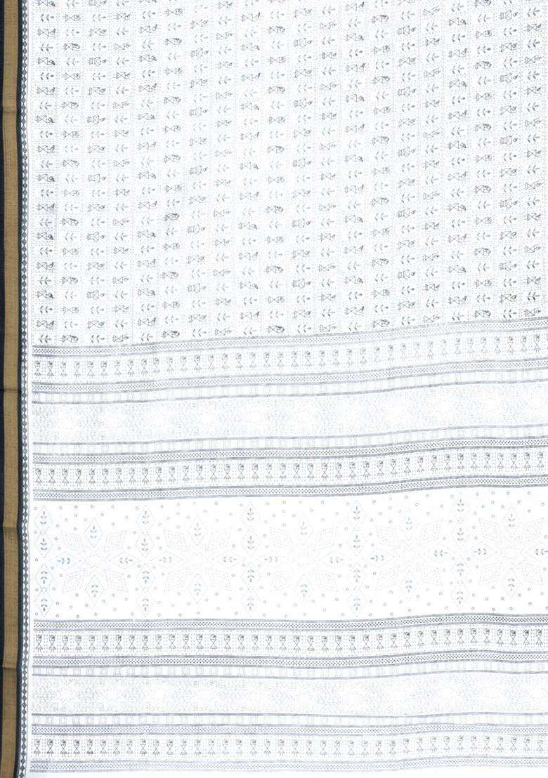 White Printed Synthetic Dola Silk Saree With Sequin Work Border With Embroidered Design For Women - Indya