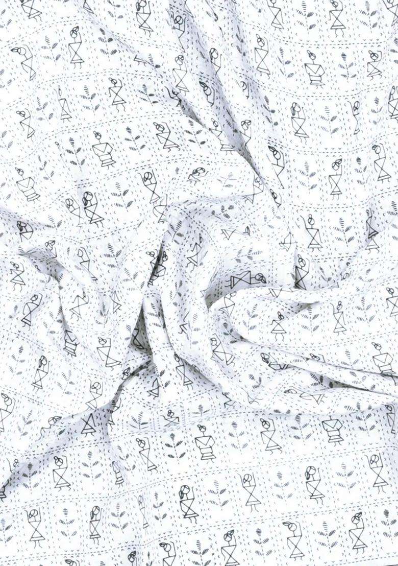White Printed Synthetic Dola Silk Saree With Sequin Work Border With Embroidered Design For Women - Indya