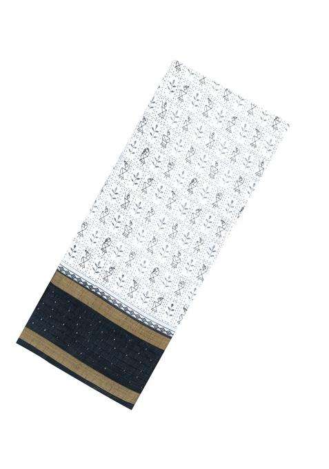 White Printed Synthetic Dola Silk Saree With Sequin Work Border With Embroidered Design For Women
