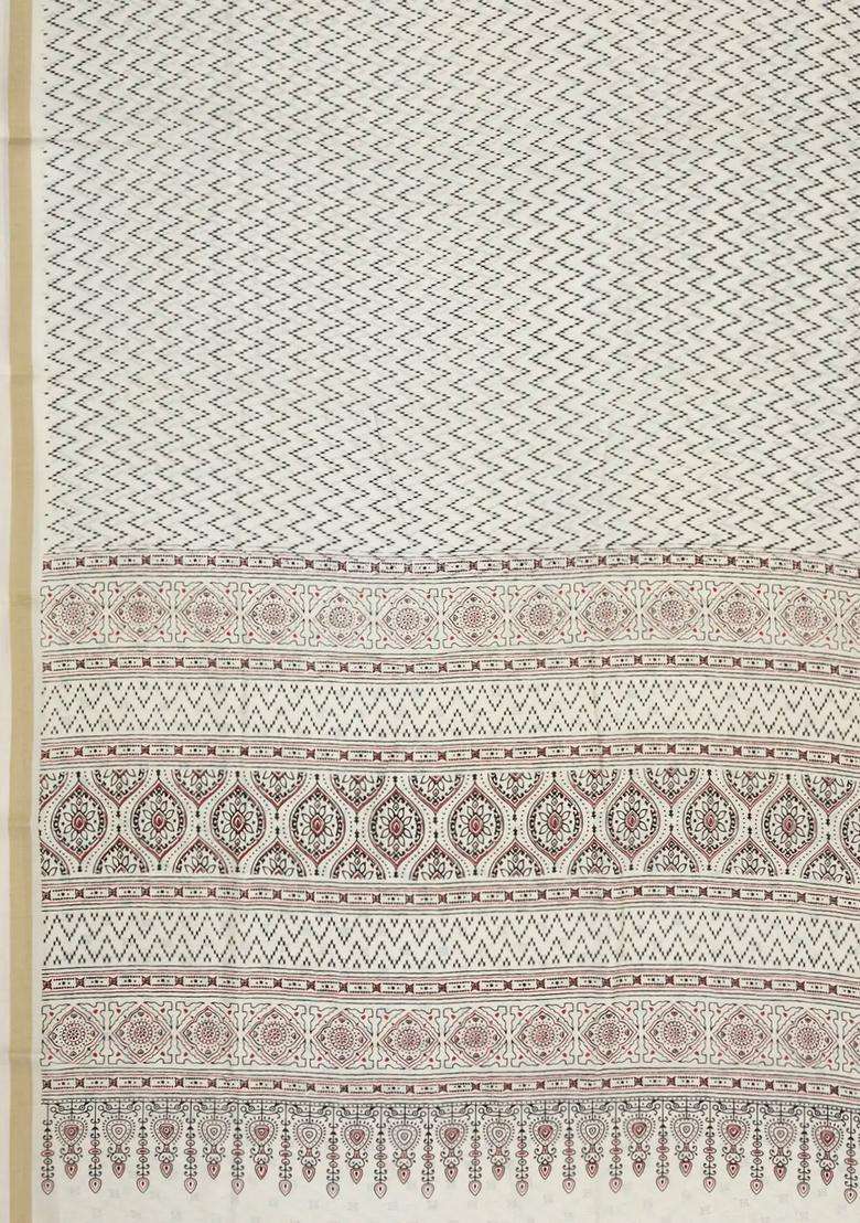 Off White Printed Synthetic Dola Silk Saree With Sequin Work Border With Embroidered Design For Women - Indya