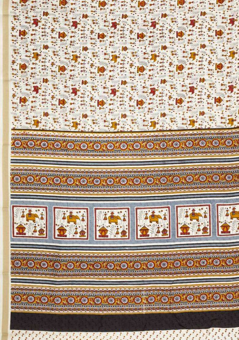 Off White Printed Synthetic Dola Silk Saree With Sequin Work Border With Embroidered Design For Women - Indya
