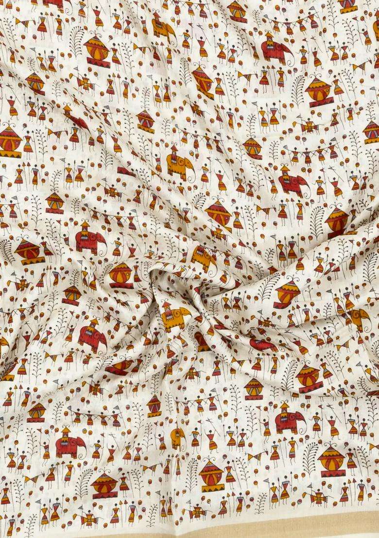 Off White Printed Synthetic Dola Silk Saree With Sequin Work Border With Embroidered Design For Women - Indya