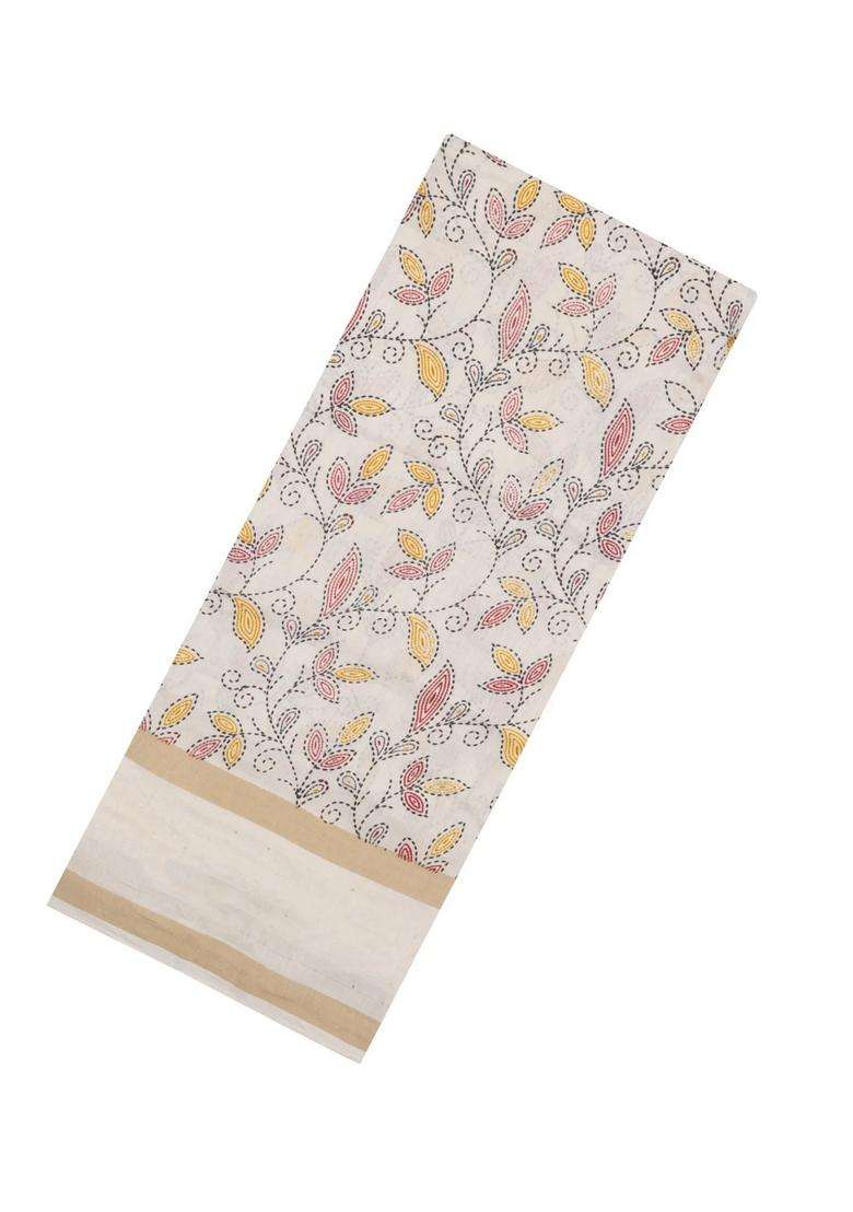 Cream Printed Synthetic Dola Silk Saree With Sequin Work Border With Embroidered Design For Women - Indya