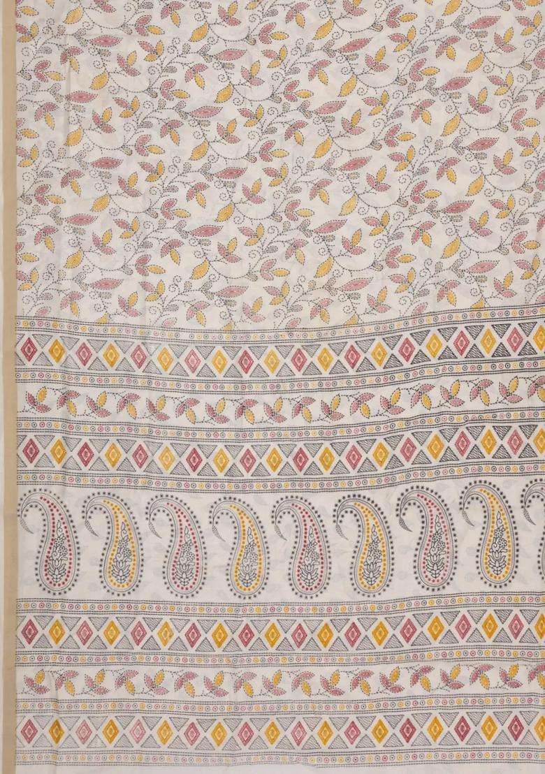 Cream Printed Synthetic Dola Silk Saree With Sequin Work Border With Embroidered Design For Women - Indya