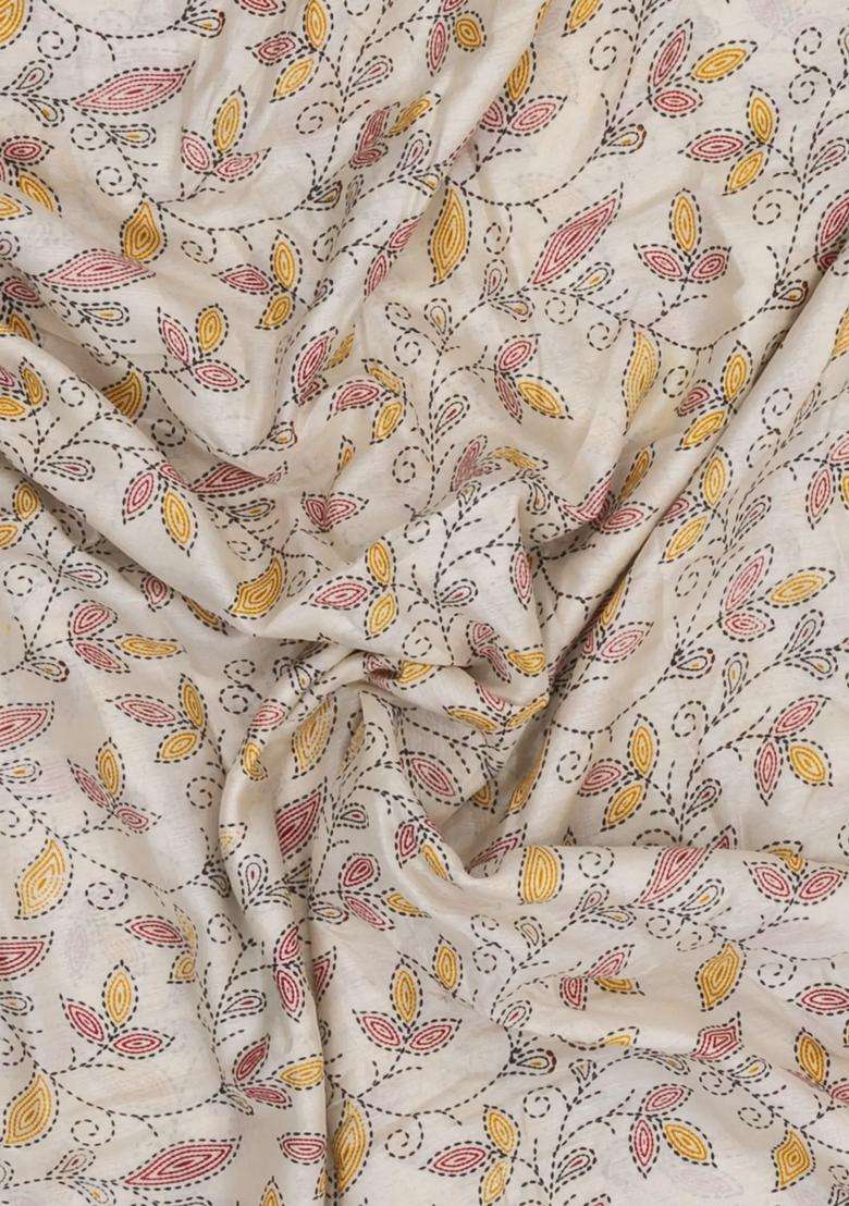 Cream Printed Synthetic Dola Silk Saree With Sequin Work Border With Embroidered Design For Women - Indya