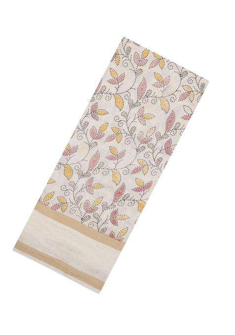 Cream Printed Synthetic Dola Silk Saree With Sequin Work Border With Embroidered Design For Women