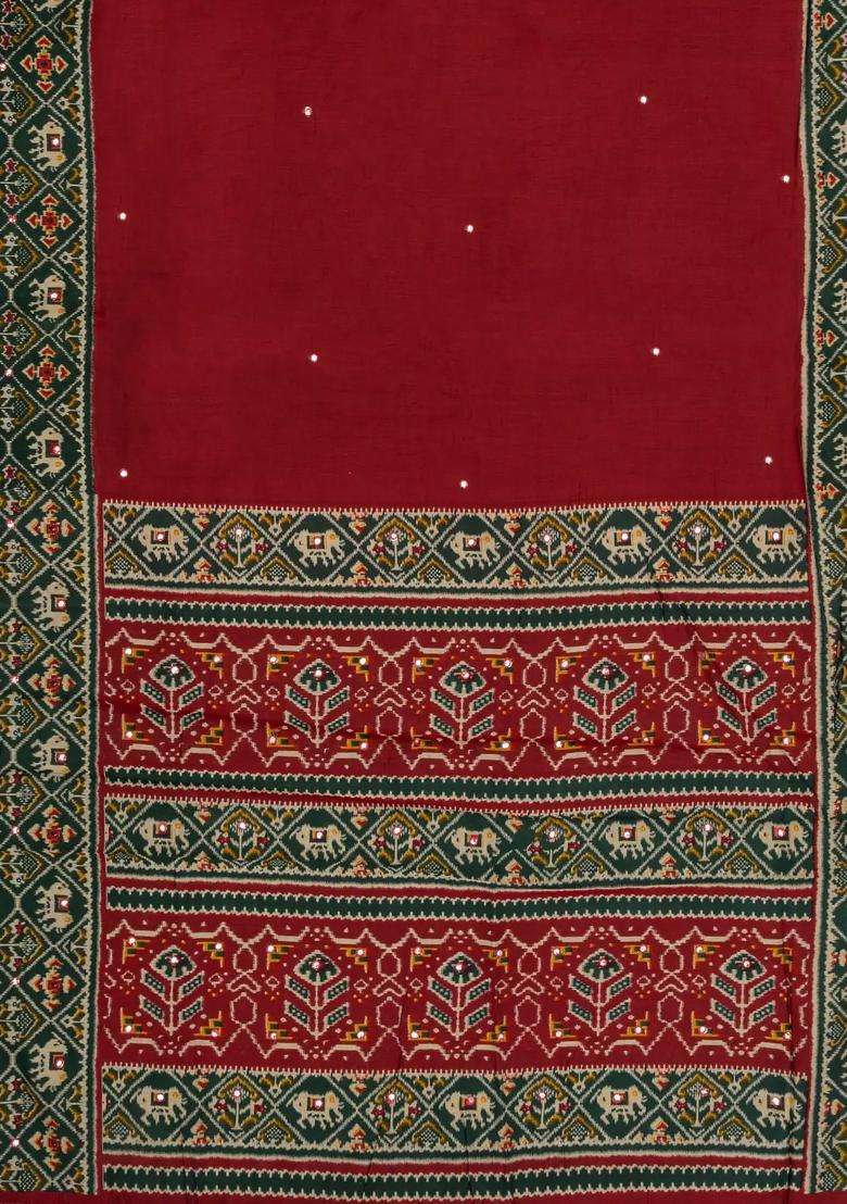Red Printed Synthetic Viscose Dola Silk Saree With Mirror Work For Women - Indya