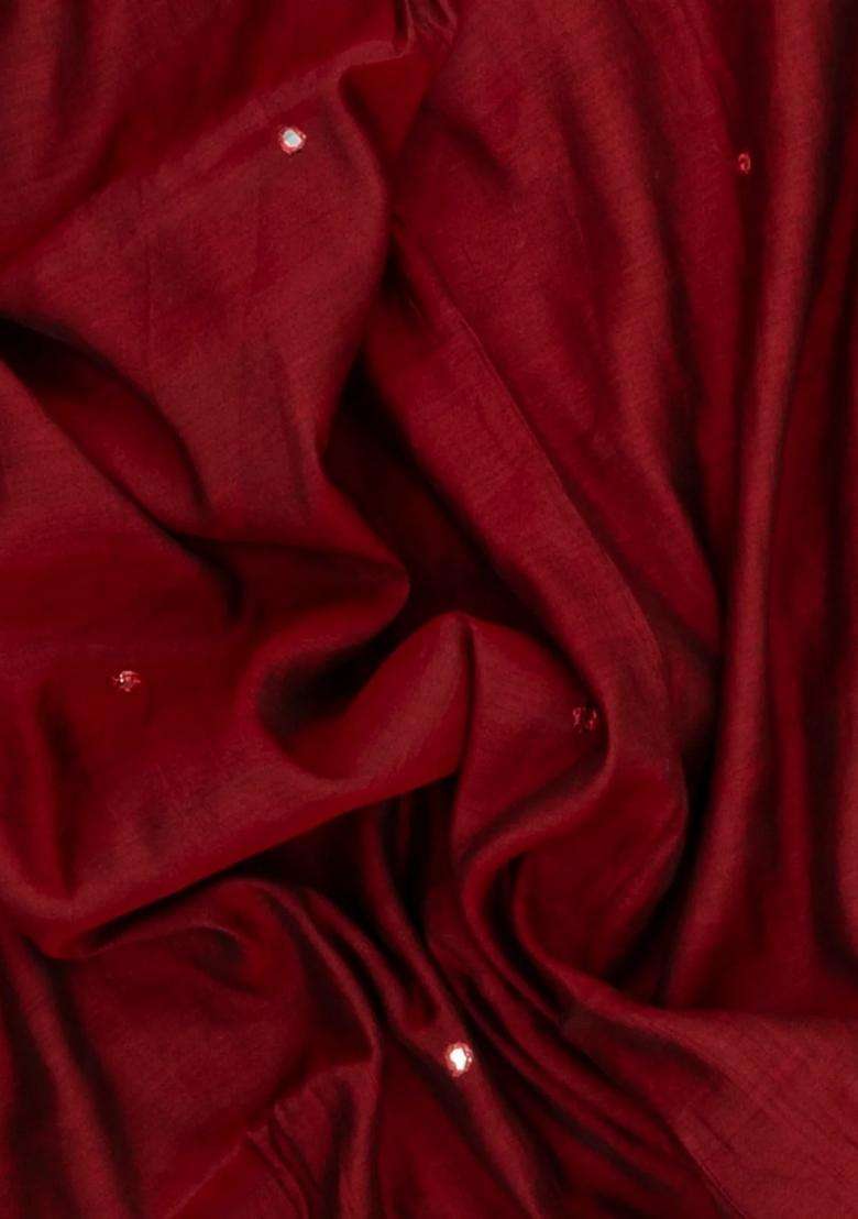 Red Printed Synthetic Viscose Dola Silk Saree With Mirror Work For Women - Indya