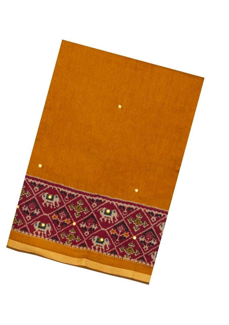 Mustard Printed Synthetic Viscose Dola Silk Saree With Mirror Work For Women - Indya