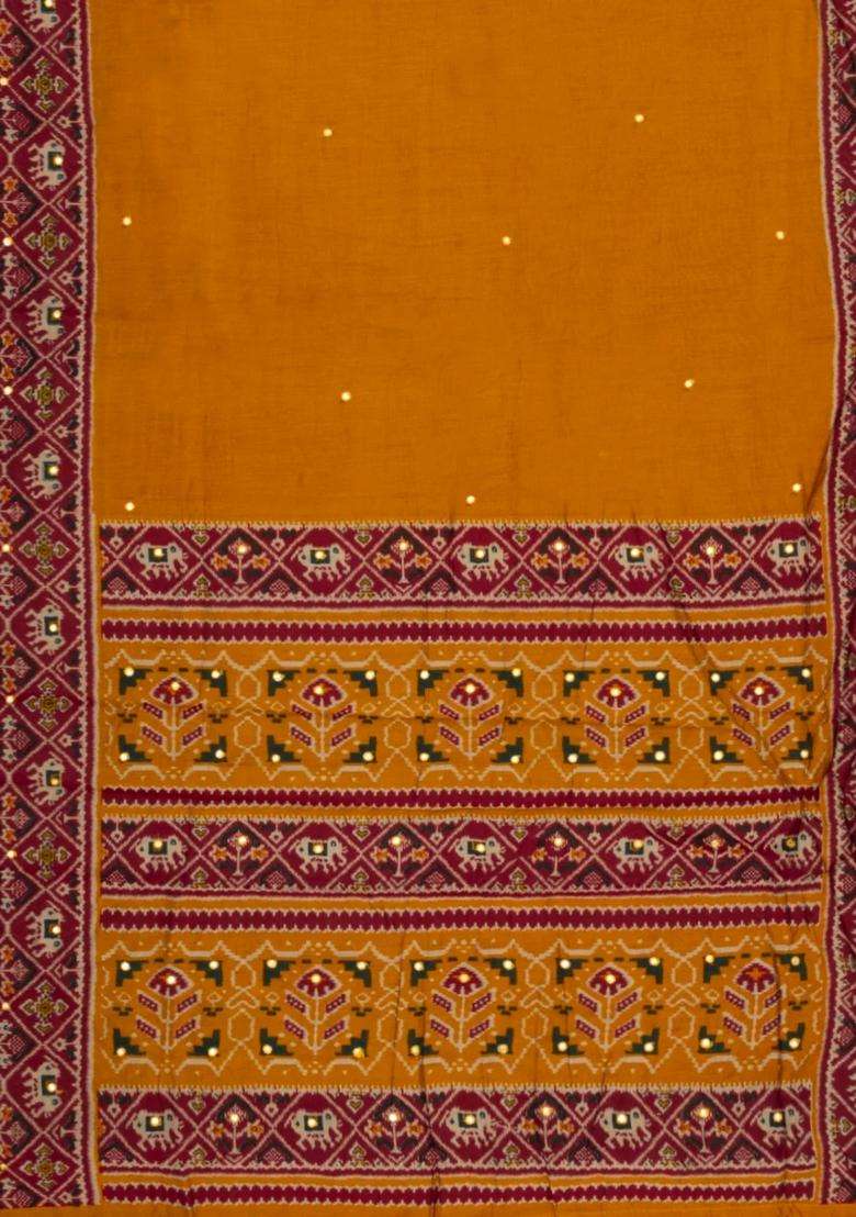 Mustard Printed Synthetic Viscose Dola Silk Saree With Mirror Work For Women - Indya