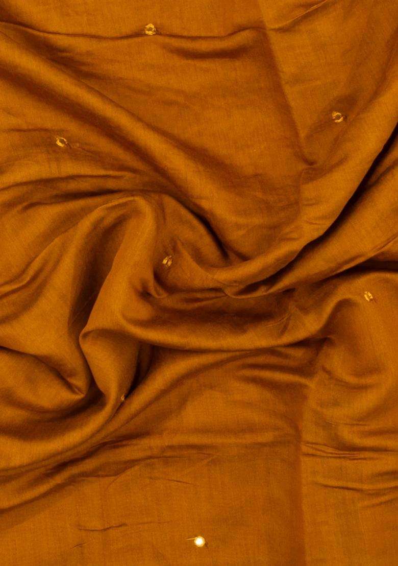 Mustard Printed Synthetic Viscose Dola Silk Saree With Mirror Work For Women - Indya