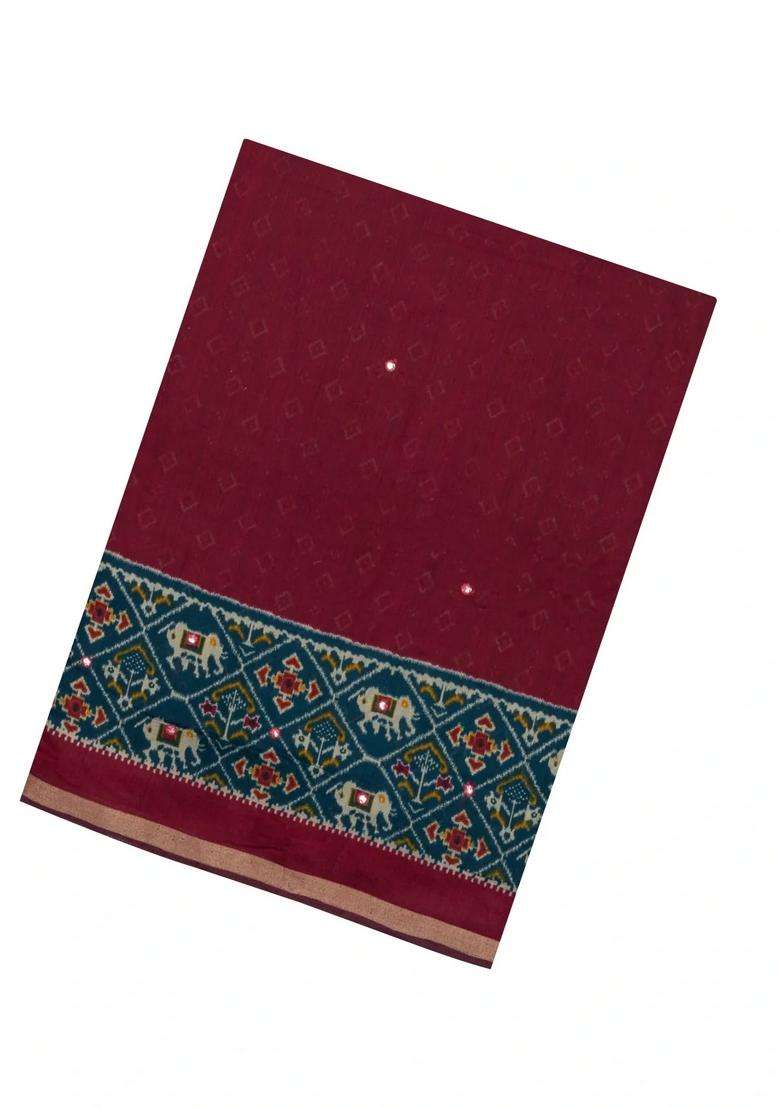 Maroon Printed Synthetic Viscose Dola Silk Saree With Mirror Work For Women - Indya