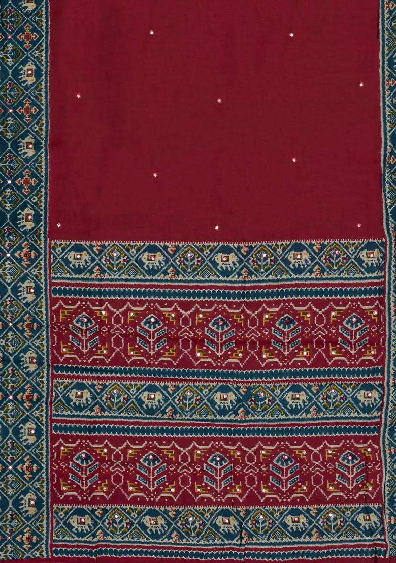 Maroon Printed Synthetic Viscose Dola Silk Saree With Mirror Work For Women - Indya