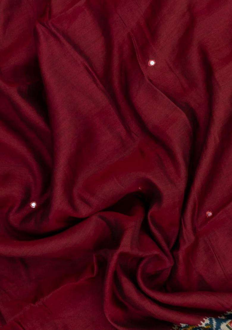 Maroon Printed Synthetic Viscose Dola Silk Saree With Mirror Work For Women - Indya