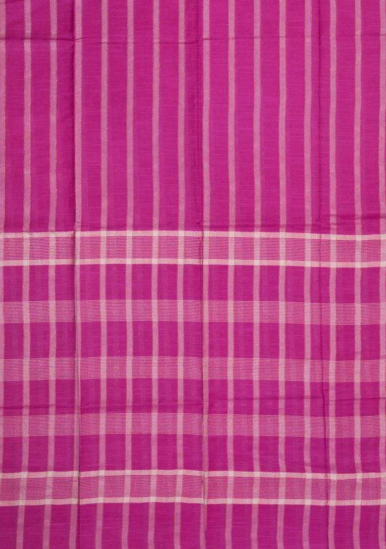 Hot Pink Woven Art Bhagalpur Cotton Art Silk Saree With Thread Zari Stripes With Checks And Stripes Design For Women - Indya