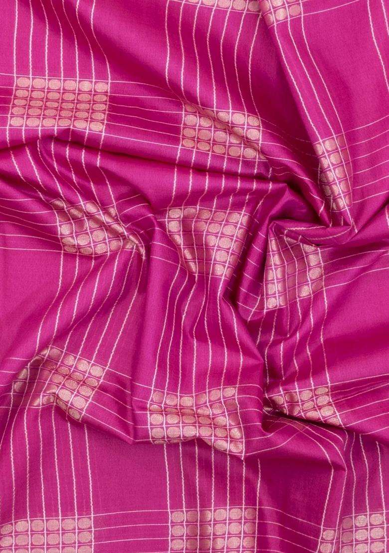 Pink Woven Art Bhagalpur Cotton Art Silk Saree With Thread Zari Checks With Checks And Stripes Design For Women - Indya