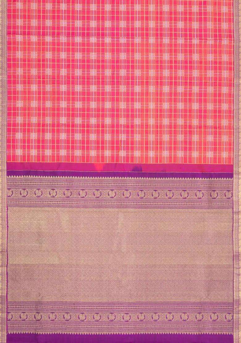 Peach Handloom Kanchipuram Silk Saree With Zari Checks Buttas With Buttas And Brocade Design For Women - Indya