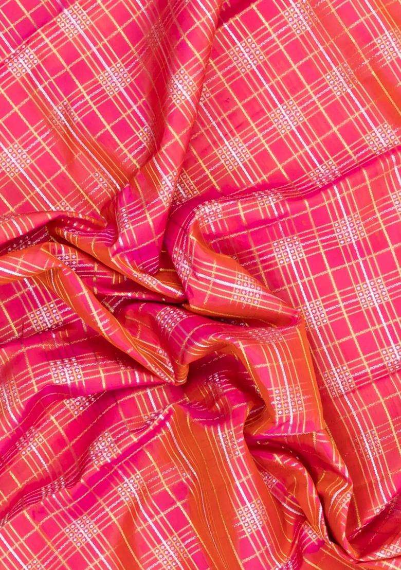 Peach Handloom Kanchipuram Silk Saree With Zari Checks Buttas With Buttas And Brocade Design For Women - Indya
