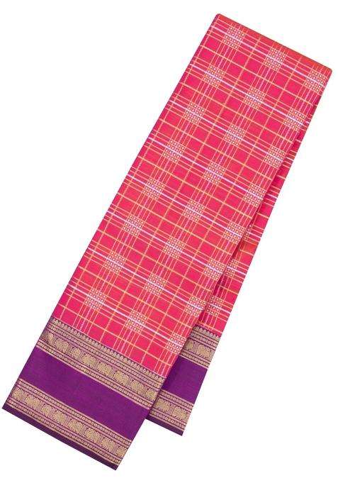 Peach Handloom Kanchipuram Silk Saree With Zari Checks Buttas With Buttas And Brocade Design For Women