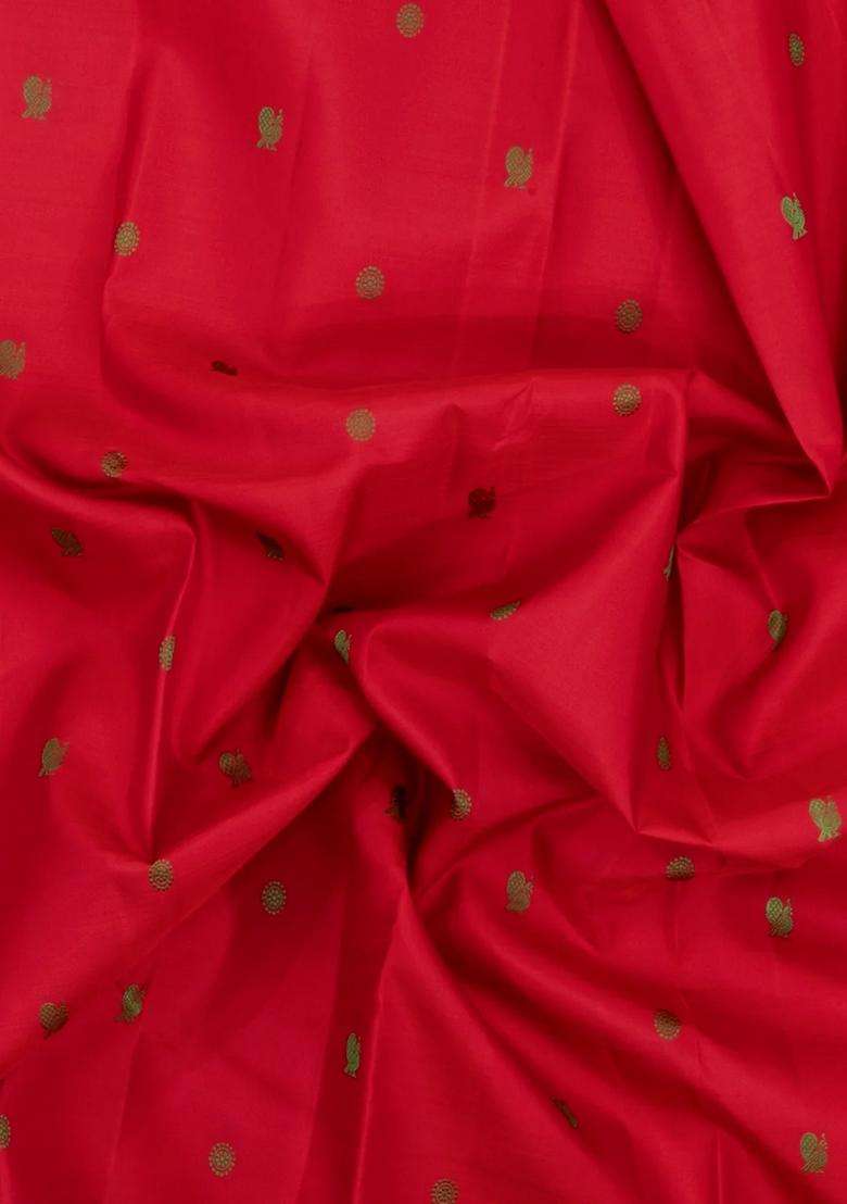 Red Handloom Kanchipuram Silk Saree With Silk Thread Butta Border With Buttas And Brocade Design For Women - Indya