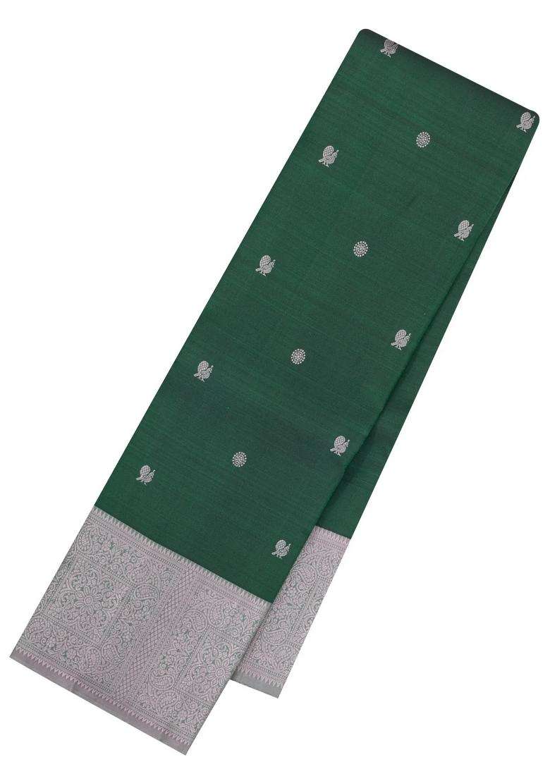 Dark Green Handloom Kanchipuram Silk Saree With Silk Thread Butta Border With Buttas And Brocade Design For Women - Indya