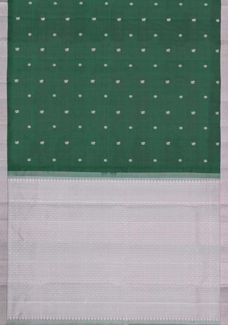 Dark Green Handloom Kanchipuram Silk Saree With Silk Thread Butta Border With Buttas And Brocade Design For Women - Indya