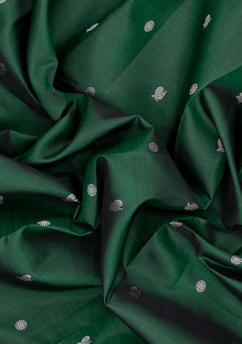Dark Green Handloom Kanchipuram Silk Saree With Silk Thread Butta Border With Buttas And Brocade Design For Women - Indya