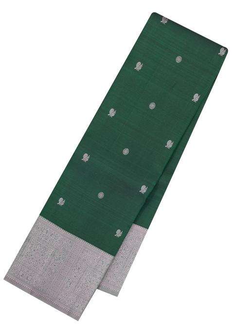 Dark Green Handloom Kanchipuram Silk Saree With Silk Thread Butta Border With Buttas And Brocade Design For Women