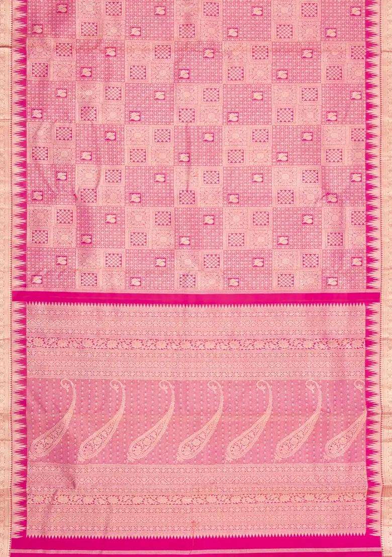 Pink Handloom Kanchipuram Bridal Silk Saree With Zari Motifs With Buttas And Brocade Design For Women - Indya