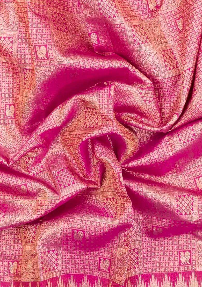 Pink Handloom Kanchipuram Bridal Silk Saree With Zari Motifs With Buttas And Brocade Design For Women - Indya