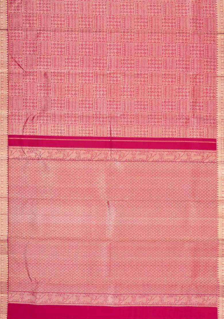 Pink Handloom Kanchipuram Bridal Silk Saree With Zari Motifs With Buttas And Brocade Design For Women - Indya
